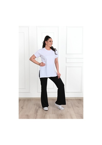 Kadın Bisiklet Yaka Yırtmaç Detaylı Büyük Beden Tshirt 9633-22 001