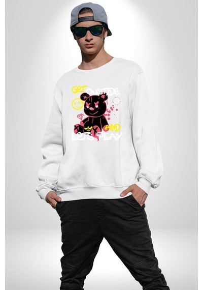 Dışarı Çık Ve Oynayalım Teddy Unisex Beyaz Sweatshirt Beyaz