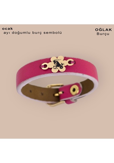 Oğlak Burçlarına Doğal Pembe Derili 14 Ayar Altın Plakalı Çiçek Motifli Hediye Bileklik-383burç Oğlak