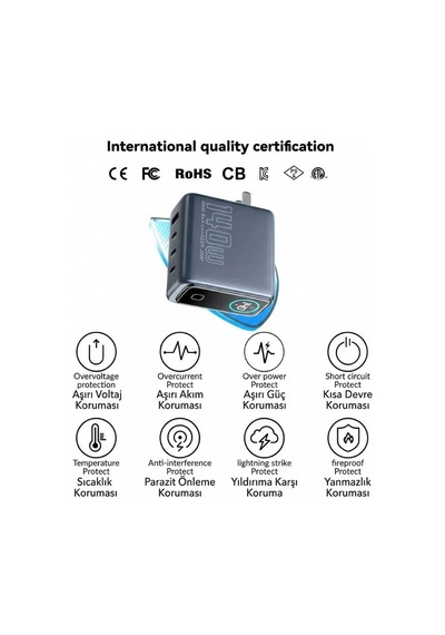 Gan Power Gn-05 140w 4 Portlu Gan Hızlı Şarj Cihazı + 60w Hızlı Şarj Kablosu Hediyeli - Tft Akıllı Renkli Ekran, Yapay Zeka Sıcaklık Kontrollü Adaptör .