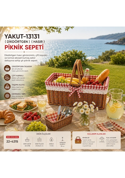 Yakut Dikdörtgen Hasır Piknik Sepeti- 12'li Paket