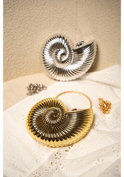 Laminta Salyangoz Detaylı Abiye Çanta - Gold Gold