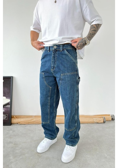 Eskitme Mavi Patch Tasarım Detaylı Ekstra Bol Baggy Pantolon