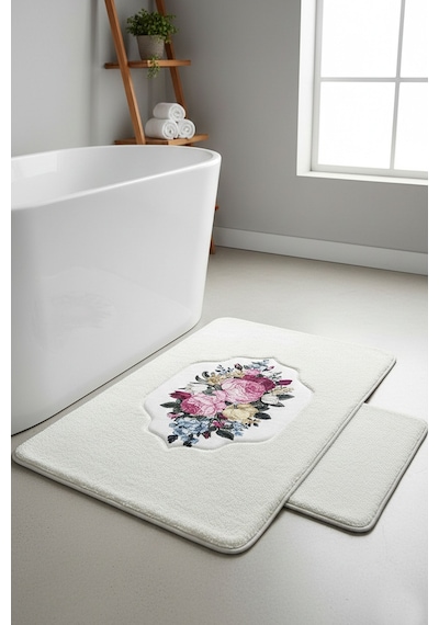 Bella Rose Ekru 2li Nakıslı Pelus Banyo Paspası 60x100 50x60 Cm Ekru