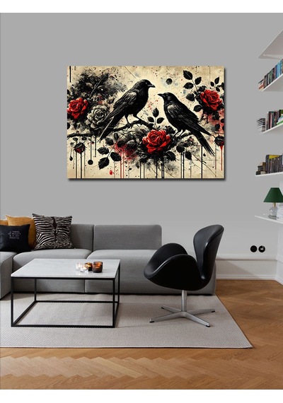 Kanvas Tablo Güller Ve Siyah Kuşlar 70cmx100cm