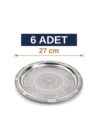 Binbir Trend 27 Cm Otantik Desenli Krom Çelik Kebap, Izgara, Meze Ve Servis Tabağı 6 Adet