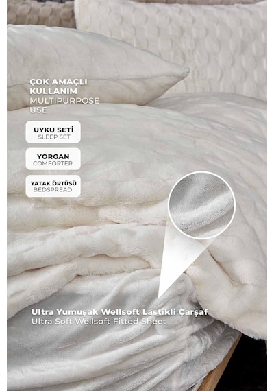 Kürk Yatak Örtüsü Yorgan Uyku Seti Tek Kişilik Çarşaflı Peluş Yumuşak Dolgulu Rody 3 Parça Krem