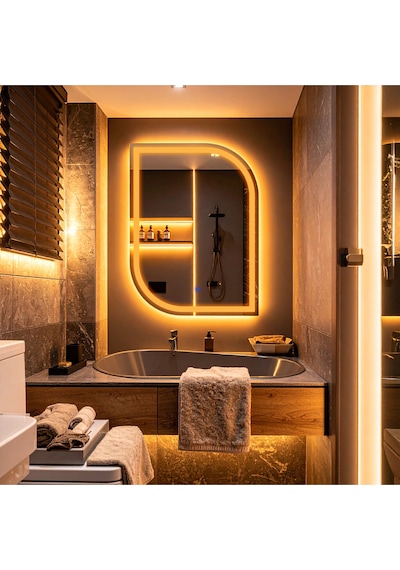 Curva Amber Led'li Kumlamalı Lavabo & Banyo Aynası Dokunmatik Sensörlü 80 X 60 Turuncu