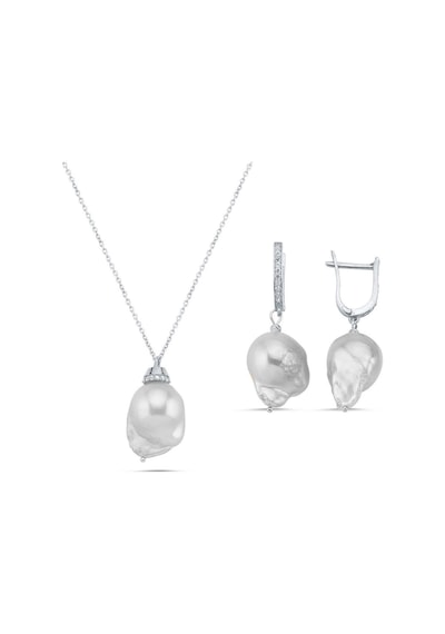 Barok İnci Kolye Küpe İkili Set 40 Cm / Beyaz Gümüş
