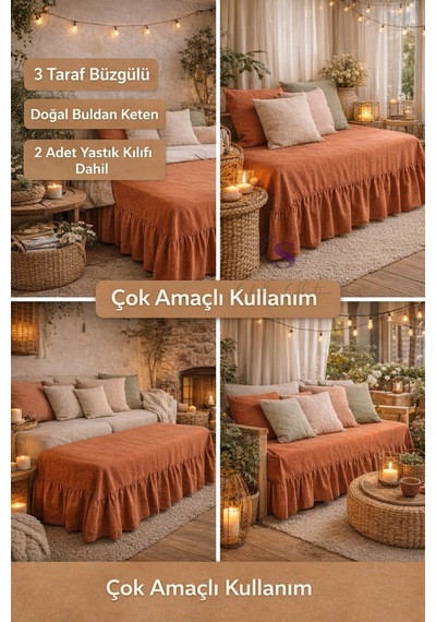 Kiremit Buldan Keten 3 Taraf Büzgülü Yatak Bazası Eteği 2 Yastıklı Otel Şıklığında Dekor Set Kiremit