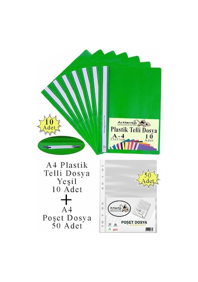 Telli Dosya Plastik A4 10 Lu Ve Poşet Dosya 50 Li 1 Paket Ekonomik Kaliteli Şeffaf Kapak Telli Dosya Okul Büro Ofis Yeşil