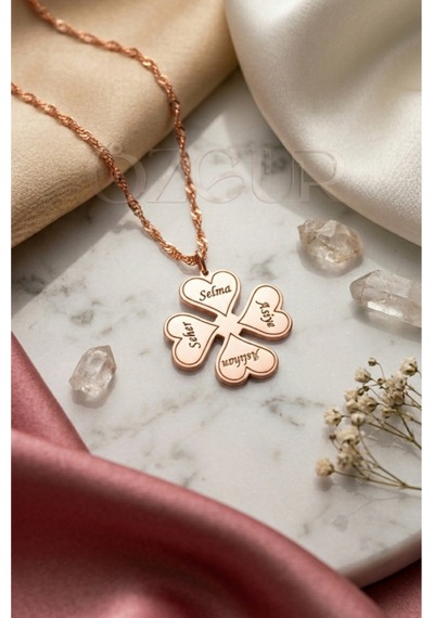 925 Ayar Gümüş 4 Kalpli İsimli Yonca Kolye Rose Gold