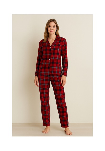 Rindahomewear Kadın Ekose Desenli Süet Örme Uzun Kol Kadın Düğmeli Pijama Takımı Kırmızı