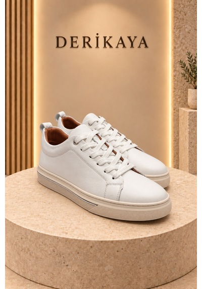 Deri Kaya Erkek Minimal Tasarım Bağcıklı Günlük Sneaker Spor Ayakkabı Beyaz