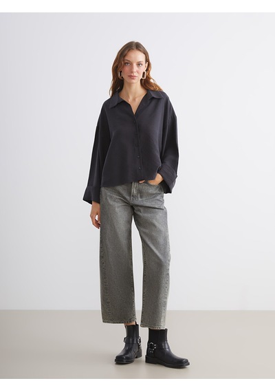 Lcw Vision Siyah Oversize Modal Karışımlı Kadın Gömlek