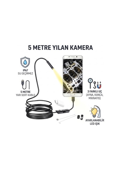 Bay 5 Metre Yılan Kamera - Led Işıklı - Ip67 Su Geçirmez - 3 Farklı Başlıklı Najmaddin