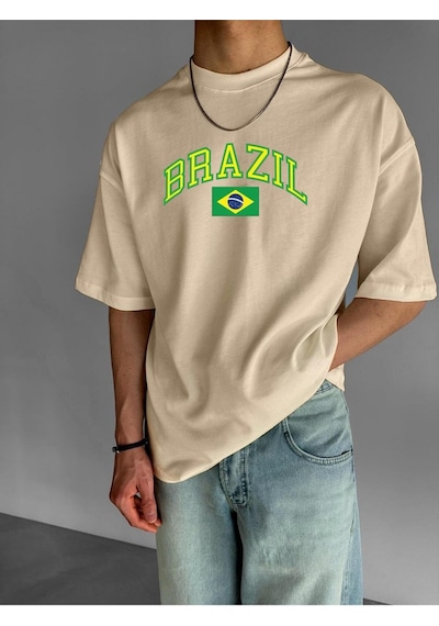 Brazıl Baskılı Oversize Tişört Bej