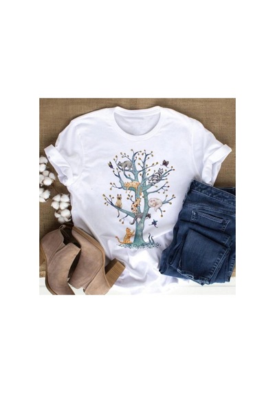 Tarzsokak Kırmızı Etiket Kedi Desenli Kadın T-shirt Mod73 08570 Beyaz