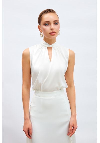 Sateen Yaka Detaylı Saten Bluz - Ekru-133184