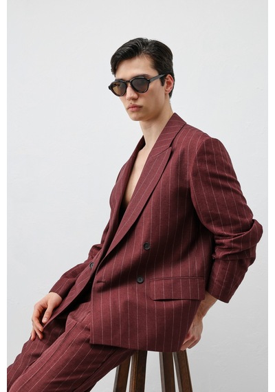 Antioch Keten Karışımlı Çizgili Erkek Blazer Ceket Bordo