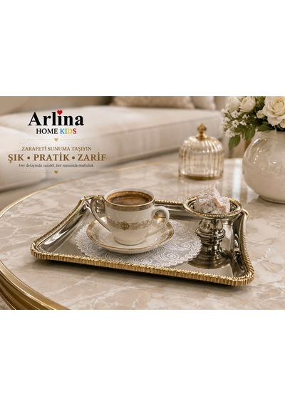Premium Gümüş Tepsi Gold Detay Metal Sunum Seti