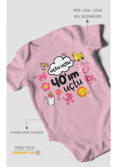 Morivokids Uçtu Uçtu 40'ım Uçtu Kısa Kollu Bebek Body %100 Pamuk Koyu Pembe