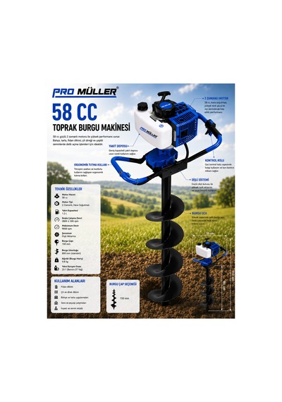 Pro Müller Profesyonel 58 Cc Benzinli Toprak Burgu Makinesi 150 Mm X 100 Cm Delme Ucu