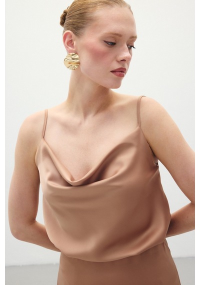 Sateen Degaje Yaka Saten Bluz - Camel