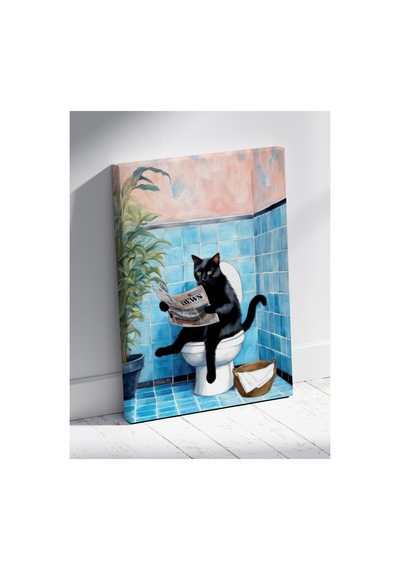 Modern Sanat Gazete Okuyan Kedi Tasarımlı Komik Banyo Duvar Kanvas Tablo Kanvas Çok Renkli