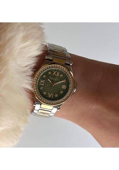 Ferrucci Fr55129 Zirkon Taşlı Şık Çelik Kordon Ve Kasa Kadın Kol Saati Altın - Yeşil