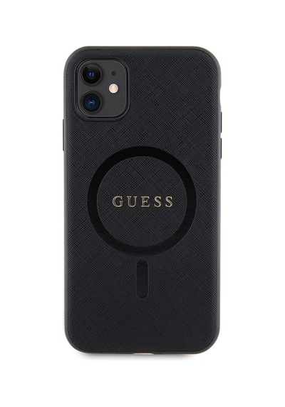 Apple Uyumlu iPhone 11 Kılıf Guess Lisanslı Magsafe Şarj Özellikli Yazı Logolu Saffiano Classic Kapak Siyah