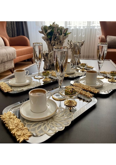 Atabey Home Collection 1 Adet Tekli Kahve & Çay & Sunum Dikdörtgen Büyük Sunum Tepsisi Çelik Gül Model Gold 30 Cm