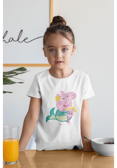 Sevbano Unisex Peppa Pig Baskılı Çizgi Film Çocuk Tişört 1-12 Yaş beyaz