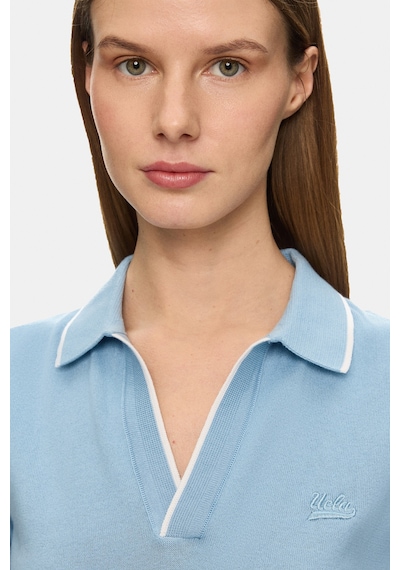 Ucla Sasha Gök Mavi Polo Yaka Triko Nakışlı %100 Pamuk Standard Fit Kadın Tshirt