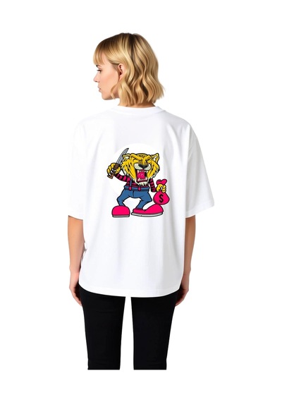 Paybuy Kadın Oversize Grafik Tişört Cesur Kaplan Karikatür Baskı Dijital Beyaz