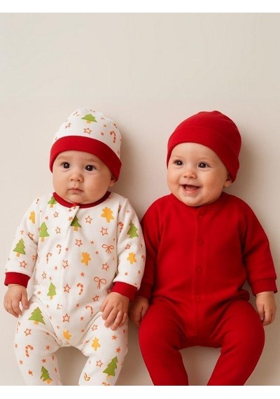 Zekids Bebek 3 Lü Yılbaşı Temalı Şapkalı Organik Bebek Tulum Seti-16182 Çok Renkli