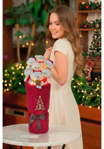 Deluxe Yılbaşı Temalı Led Işıklı Noel Ayıcıkları Kırmızı Peluş Silindir Vazo Tasarımlı Atkılı Ayıcık Buketi