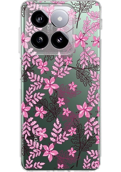 Xiaomi Mi 14 İle Uyumlu Floral Pembe Baskılı Kamera Korumalı Şeffaf Kılıf