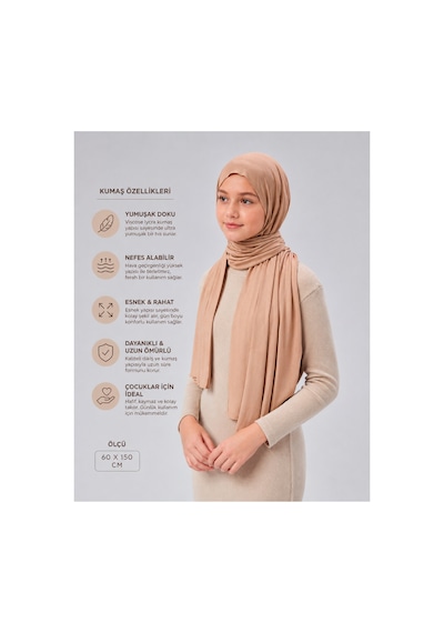 Sonbaharmoda Kız Çocuk Penye Şal, Viskon Likralı, 60x150 Cm, 10-12 Yaş, Tesettür Şal. Bej