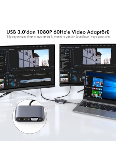 Microcase Usb 3.0 - Hdmı Vga Adaptörü, Usb'den Vga'ya Hdmı Dönüştürücü Monitör Ekranı Video Adaptörü Dönüştürücü İle Uyumlu - Al5862 Siyah