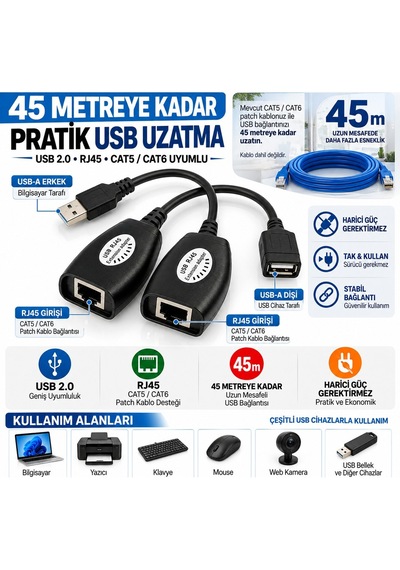 Luve Store Usb 2.0 Rj45 Uzatma Adaptörü 45 Metre Cat5 Cat6 Usb Extender