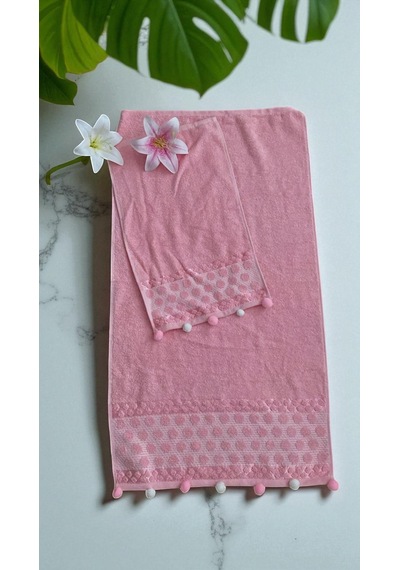 Analı Kızlı Pomponlu 2 Li Havlu Set Pembe