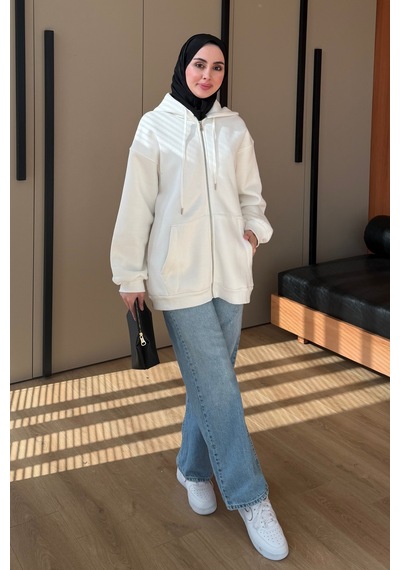 Balenbi Kadın 3 İplik İçi Polarlı Kapüşonlu Tesettür Basic Sweat Hırka 395 Ekru