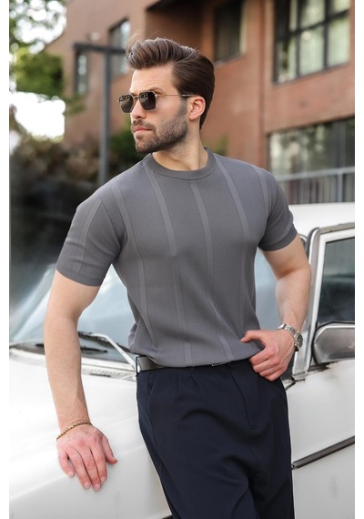 Madmext Antrasit Regular Fit Bisiklet Yaka Fitilli Triko Erkek Tişört E7490