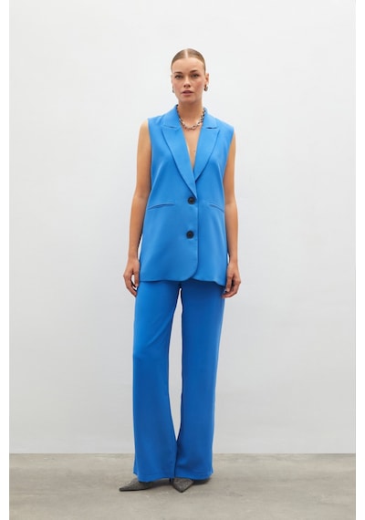 Sateen Pileli Krep Pantolon - Mavi