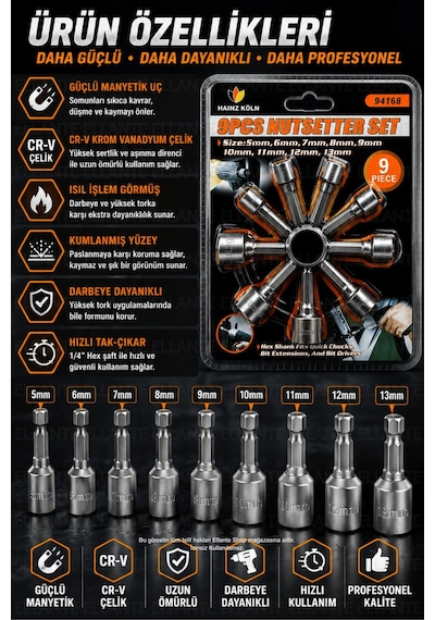 9 Parça Manyetik Somun Lokma Uç Seti 5-13 Mm Cr-v Çelik Matkap Ve Akülü Vidalama Uyumlu Hex Lokma Uç