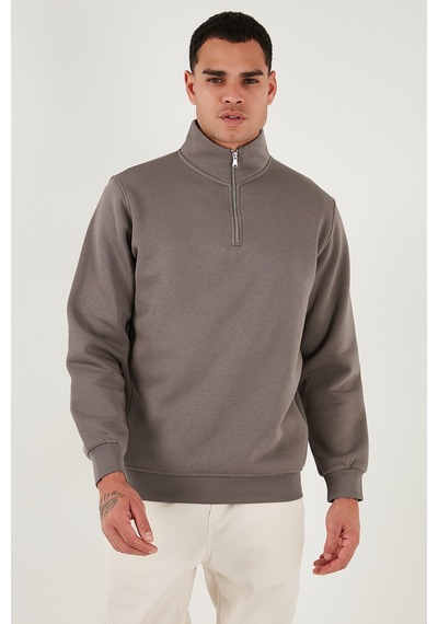 Buratti Pamuklu Regular Fit Yarım Fermuarlı Dik Yaka Erkek Sweat 59052592 Toprak