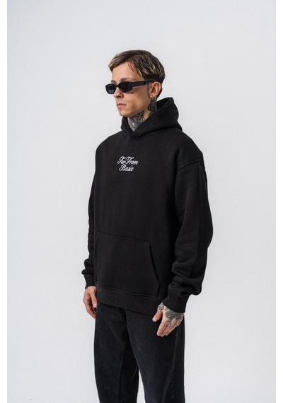 Respire Erkek Far From Basic Nakışlı Kapüşonlu Oversize Hoodie Siyah