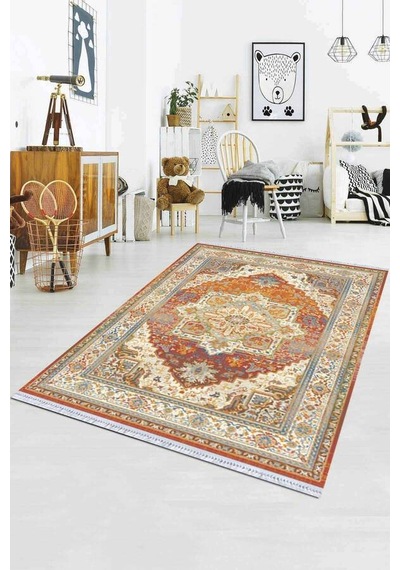 Tarçın Klasik Göbekli Dokuma Pamuk Taban Kaymaz Kilim Klm076n11