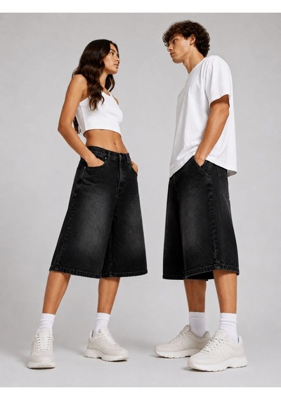 St.poll Eskitme Yıkama Unisex Baggy Denim Şort Siyah